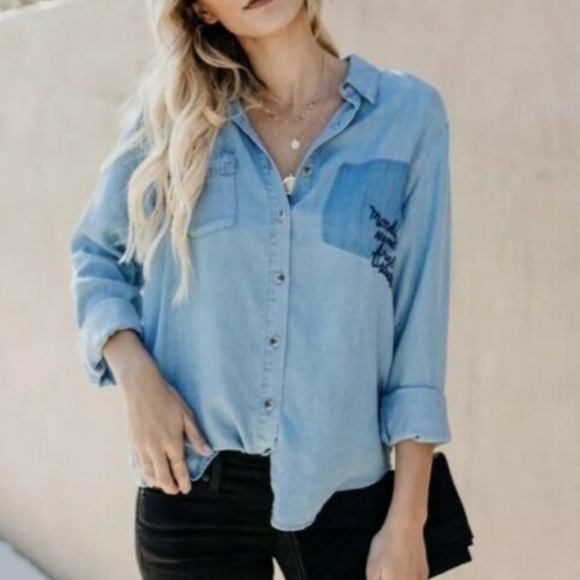 New Denim Chambray Embroidered Button Front Shirt - Picture 3 of 8